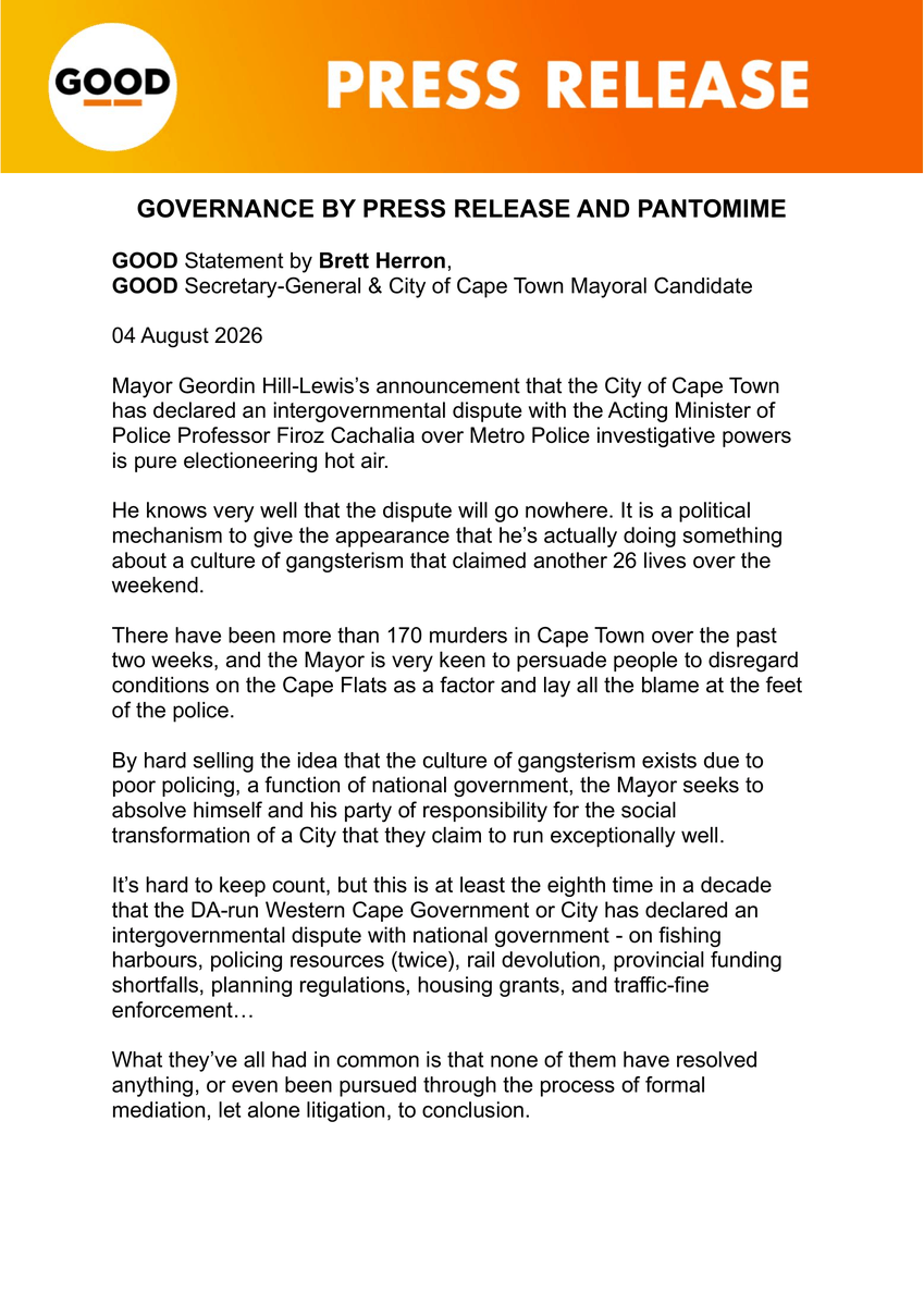 ForGoodZA's tweet photo. Declaring disputes with national government won't fix the root causes of gangsterism. Real safety requires spatial transformation, well-maintained community spaces, and investment in the Cape Flats, responsibilities the DA-run City continues to dodge.

#GOODParty #SafetyFirst #SpatialJustice #Violence