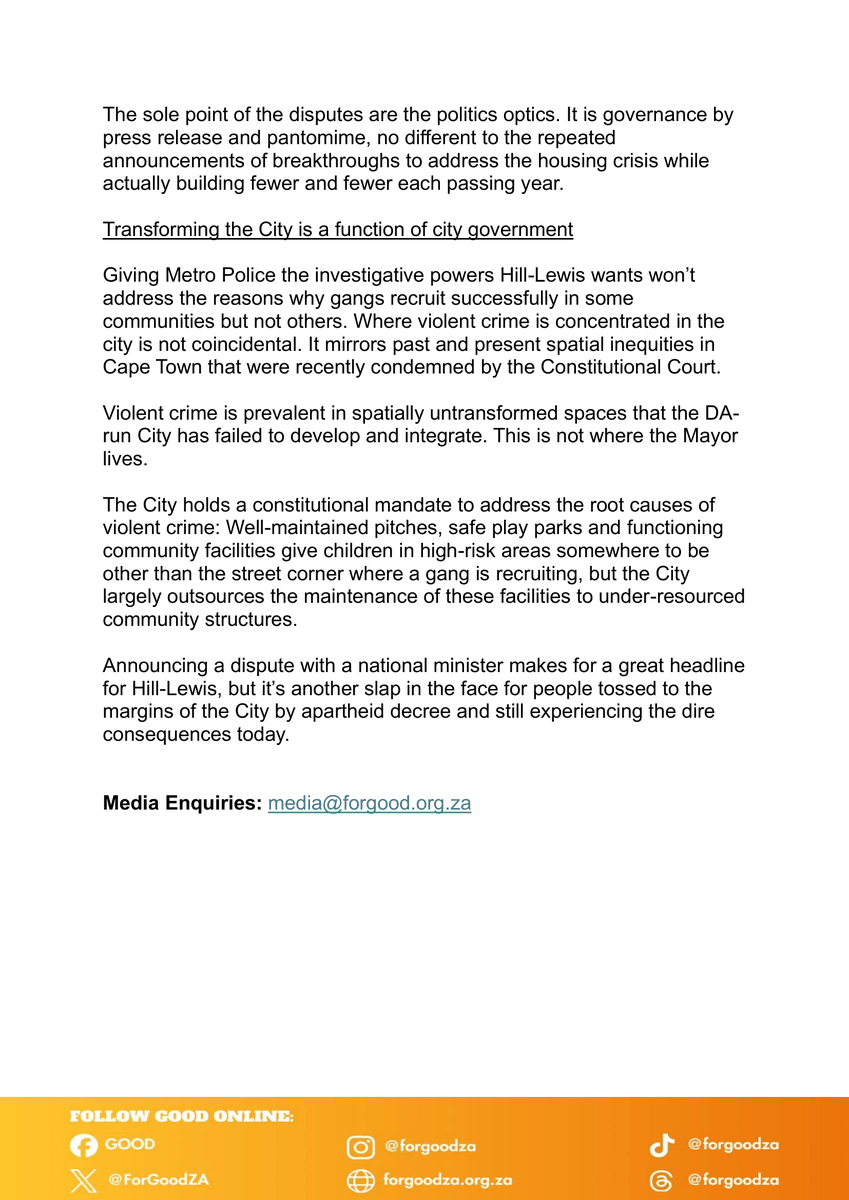ForGoodZA's tweet photo. Declaring disputes with national government won't fix the root causes of gangsterism. Real safety requires spatial transformation, well-maintained community spaces, and investment in the Cape Flats, responsibilities the DA-run City continues to dodge.

#GOODParty #SafetyFirst #SpatialJustice #Violence