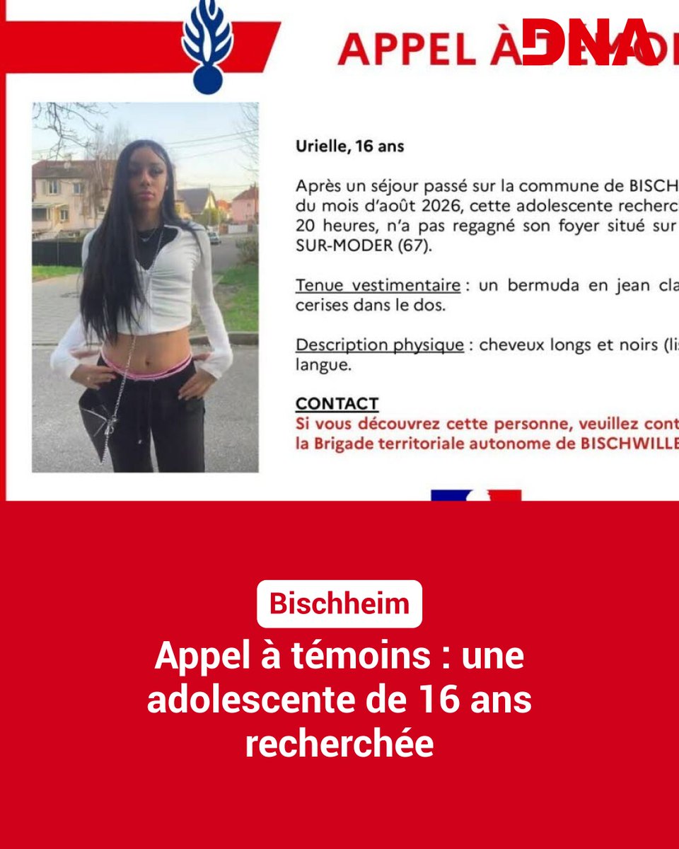 dnatweets's tweet photo. La gendarmerie lance un appel à témoignages ce mardi 4 août à la suite de la disparition inquiétante d'une adolescente de 16 ans, nommée Urielle.
➡️ https://t.co/uraaRm6MZI https://t.co/nt10ZtbeYa