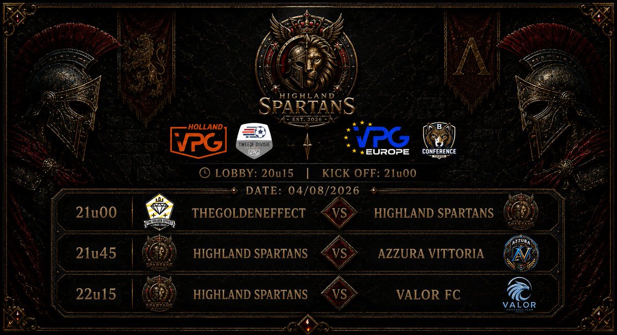 HighlandSparta's tweet photo. 🏆 LINE-UP VPG MATCHDAY #2 🏆

🔥 Fixtures &amp; Line-up for the second matchday of vpg summer season 🔥

Let's go Spartans 🦁 ⚔️

🎥 Watch Live; https://t.co/Urp1rdRSPG https://t.co/j1DbYHEUF3