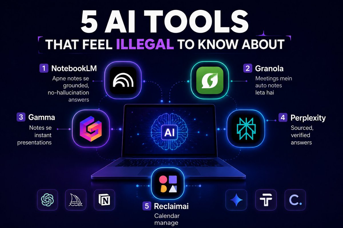 HARSH_YADAV_3's tweet photo. 5 AI tools that feel illegal to know about
1️⃣ NotebookLM - apne notes se grounded, no-hallucination answers
2️⃣ Granola - meetings mein auto notes leta hai
3️⃣ Gamma -notes se instant presentations
4️⃣ Perplexity -sourced, verified answers
5️⃣ Reclaimai - calendar manage

Follow me https://t.co/c3J3xFjljC