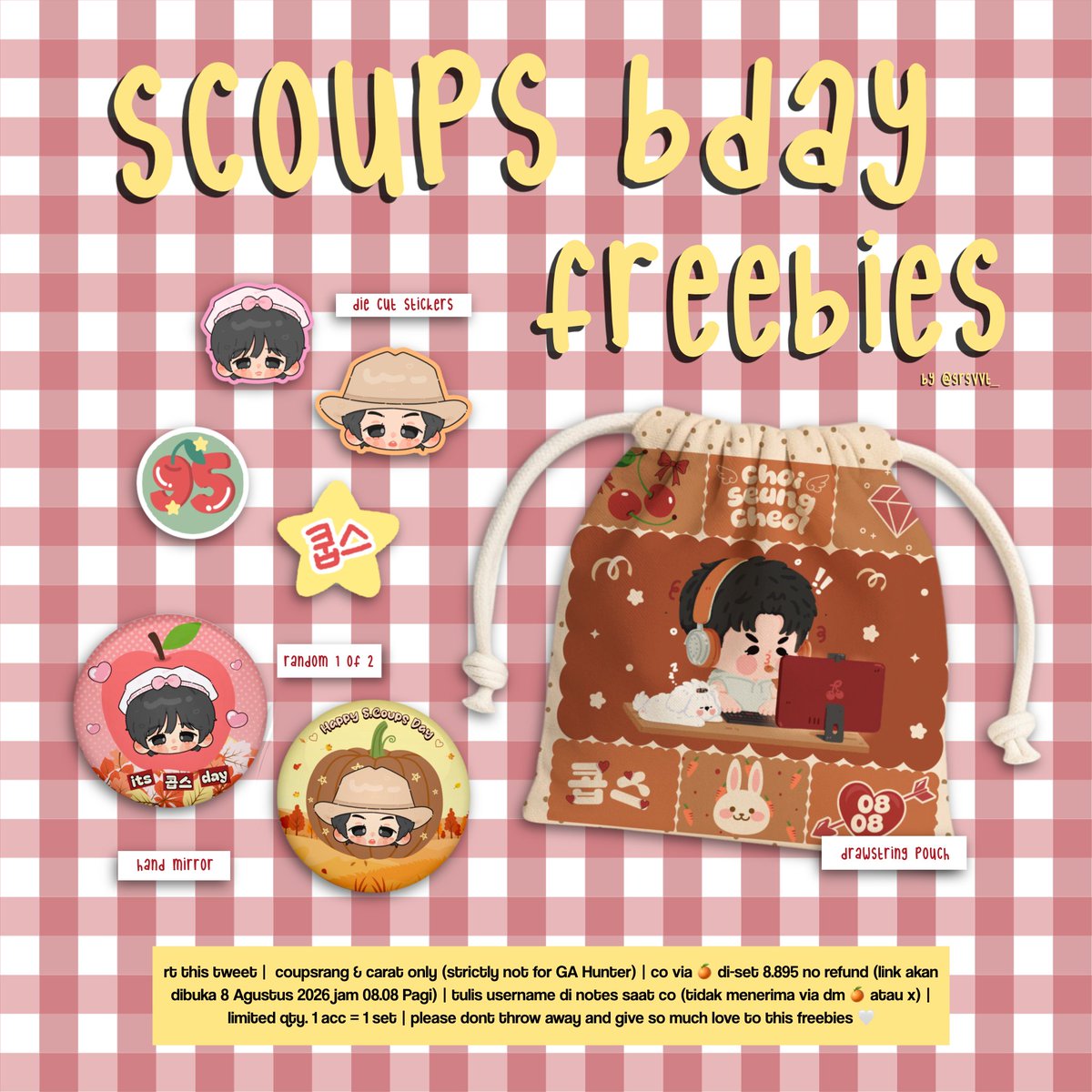 srsvvt_'s tweet photo. 🍒𝙎𝙘𝙤𝙪𝙥𝙨 𝘽𝙙𝙖𝙮 𝙁𝙧𝙚𝙚𝙗𝙞𝙚𝙨🍒 by @srsvvt_

♡ coupsrang and carat only
♡ 1 acc = 1 set
♡ co via 🍊 8.895 no refund (link dibuka 8.8 jam 08.08 pagi)
♡ tulis usn di notes saat co (dm shopee/dm twt❌️)
♡ tag me aft u received it

https://t.co/uhScmd3fnP https://t.co/ExTIhC7zEq