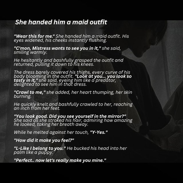 Queenbee__33's tweet photo. She handed him a maid outfit

#DarkFiction #femdom #fiction https://t.co/sw8G7QLnDk