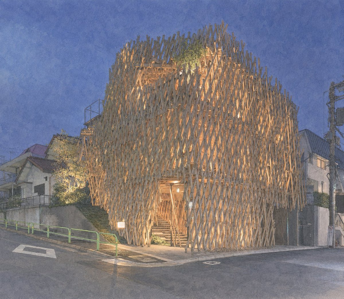 EdgeOn4's tweet photo. 表参道。実は、世界有数の名建築の密集地ともいわれています。それらは神宮前、南青山、北青山に散りばめられているわけですが、今回は南青山3丁目にある建築の中から、個人的に気に入っているものを4つ紹介。

①サニーヒルズ南青山（隈研吾）
伝統的な地獄組を三次元化し、細い木材が構造・外皮・光のフィルターを兼ねています。

②WISMA 395（北川原温）
白い不整形のボリュームを黒い吹抜けと外階段で切り分け、小規模なテナントビルを立体的な街路空間にしています。

③Miu Miu青山店（Herzog & de Meuron）
閉じた金属箱の裾だけを持ち上げることで、巨大な庇の下に親密な店内を一気に見せる構成が秀逸です。

④松山バレエ団
細い路地を舞台への導入路のように使い、白い古典様式の壁、装飾的な鉄門、光る格子扉を正面軸上に配置。荒々しいコンクリートや現代的なガラス面との対比によって、劇場の舞台装置のような非日常感をつくっています。