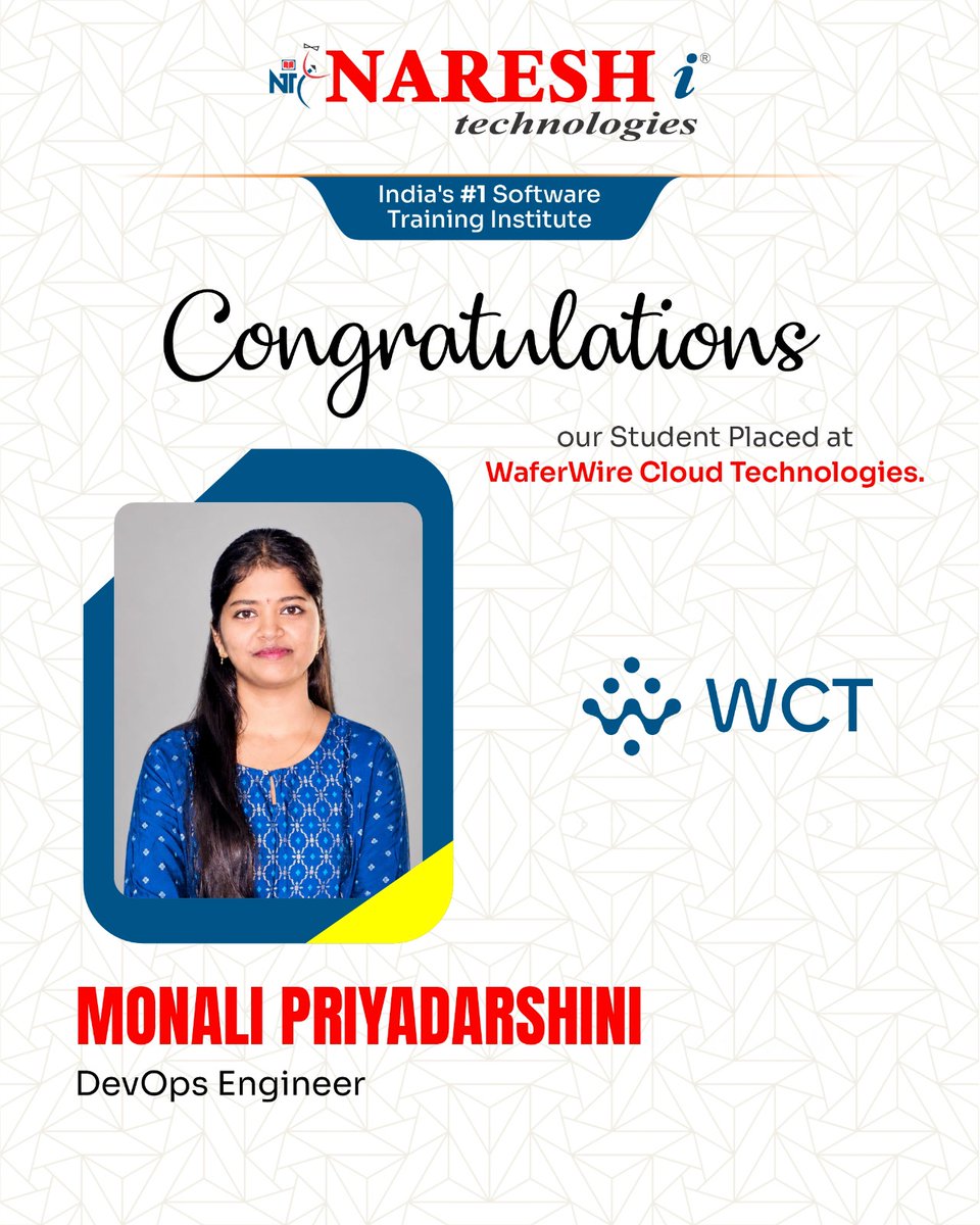 nareshitech's tweet photo. 🎉 Congratulations to Our Achiever! 🎉
We are delighted to congratulate Monali Priyadarshini on her placement as a DevOps Engineer at WaferWire Cloud Technologies (WCT).
#Congratulations #PlacementSuccess #DevOpsEngineer #WaferWireCloudTechnologies https://t.co/LRVUYiICdK