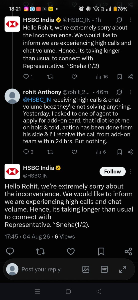 rohit_20085's tweet photo. @HSBC_IN This is how f*"ked up support team of @HSBC_IN is. They behave like robots &amp; can't care any less https://t.co/NdYGwtJ9v2