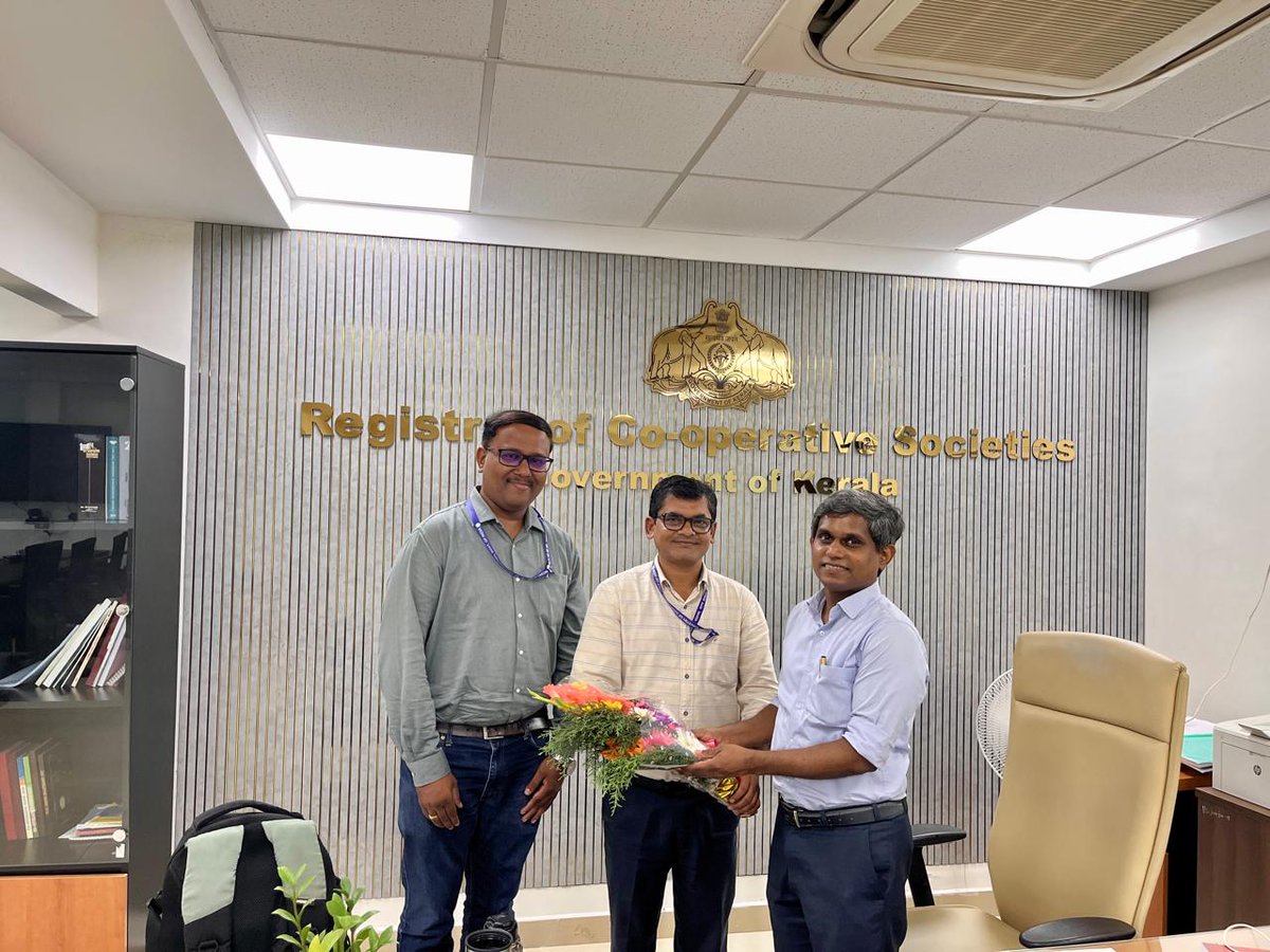 NCDCrotvm's tweet photo. On 04 Aug 2026, Shri. Surendra Kumar Suman, Regional Director, NCDC Thiruvananthapuram, and Shri. Sankaranarayanan S, Assistant Director, met Shri. Inbasekar K, IAS, Registrar of Cooperative Societies, Govt. of Kerala. The meeting focused on cooperative development in Kerala. https://t.co/6IVHSFN1qc
