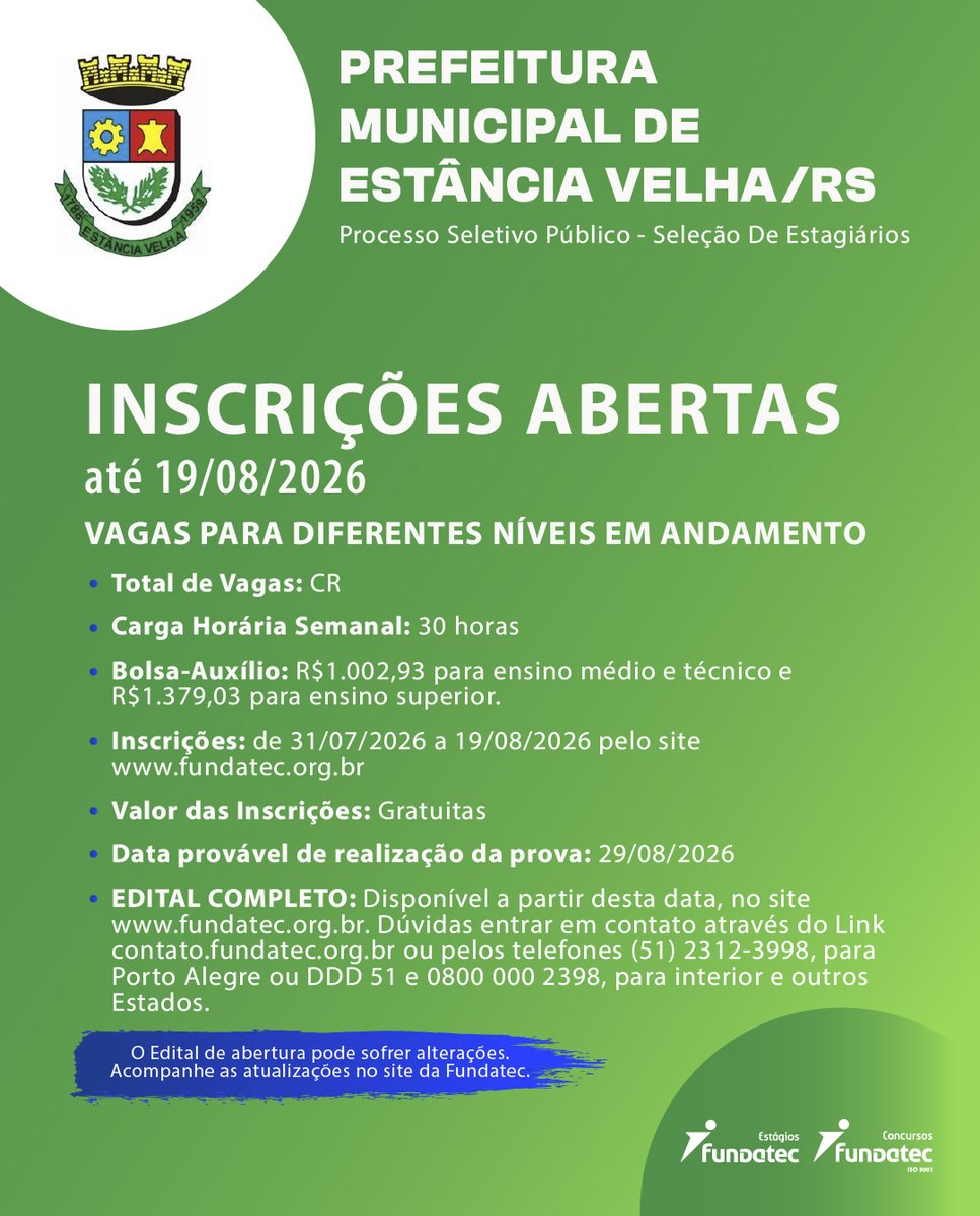 Fundatec's tweet photo. ⚠️ INSCRIÇÕES ABERTAS ⚠️

Processo Seletivo Público - Seleção de Estagiários

Prefeitura Municipal de Estância Velha/RS

📲 Confira o edital e inscreva-se: https://t.co/wrPJPN6CiY

#ProcessoSeletivo #PrefeituraMunicipal #EstânciaVelha #RioGrandedoSul #Fundatec https://t.co/rcsjqrGsyb