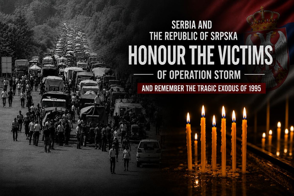 serbiainenglish's tweet photo. 🇷🇸🕯 Serbia and the Republic of Srpska honour victims of “Storm” and remember the tragic exodus of 1995

The Day of Remembrance for all those who suffered and were expelled during Croatian military operation “Storm” on 4th August 1995, will be marked today in Mrkonjić Grad.  

According to the “Veritas” centre, nearly 2,000 people were killed or remain missing, with over 220,000 Serbs expelled from the Republic of Srpska Krajina.
Among the killed, 65% were civilians, nearly three-quarters aged over 60, with 29% being women, mostly elderly.

🙏 This day stands as a reminder of the largest Serbian exodus in Europe since WWII, honouring the memory of those lost and displaced.