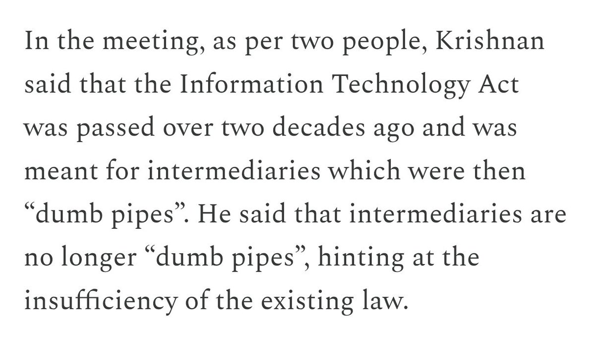 pranesh's tweet photo. S. Krishnan, IT Secretary, doesn't seem to know that Section 79 in its current form was passed to account for the arrest and prosecution of Avnish Bajaj of Bazee.\com, which was decidedly not an ISP or "dumb pipe". (via @Aditi_muses)

#IntermediaryLiability #FoE #censorship https://t.co/0SUxDh9eJg
