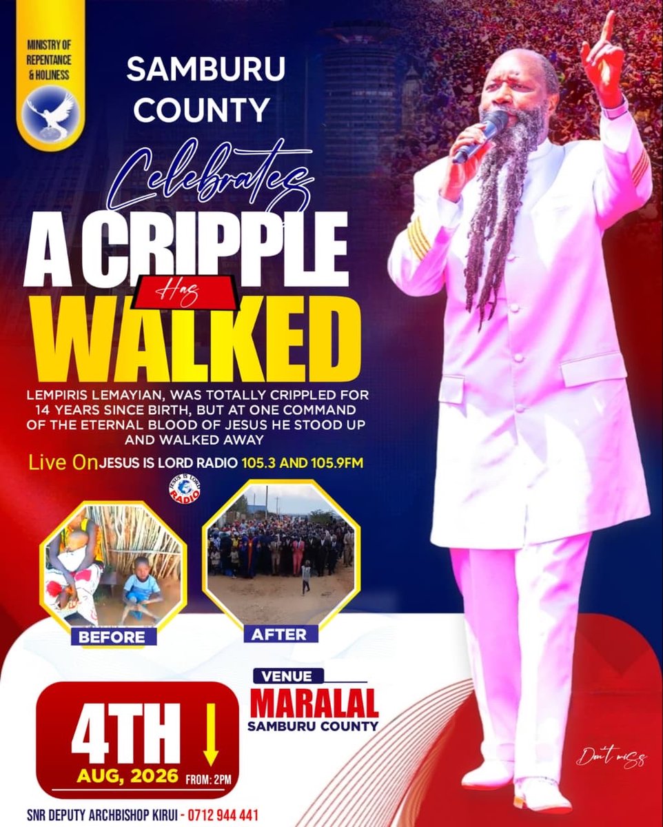 JIL_Radio's tweet photo. 🚨 BREAKING NEWS 🚨

The latest clips of Lempiris Lemayan walking is here.

Born a total cripple and completely helpless, everything changed the moment the Prophet of the LORD decreed: "I greet you, church of Christ."

He stood up and walked away!

#RevivalOfTheEndTimes https://t.co/a5IkV6tAnP