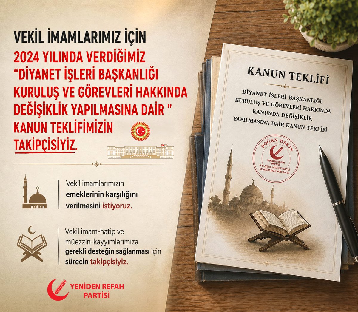 rprefahpartisi's tweet photo. Vekil İmam-Hatip ve Müezzin-Kayyımlarımıza gerekli desteğin sağlanması için verdiğimiz kanun teklifimizin takipçisiyiz. https://t.co/PP05onGOv2