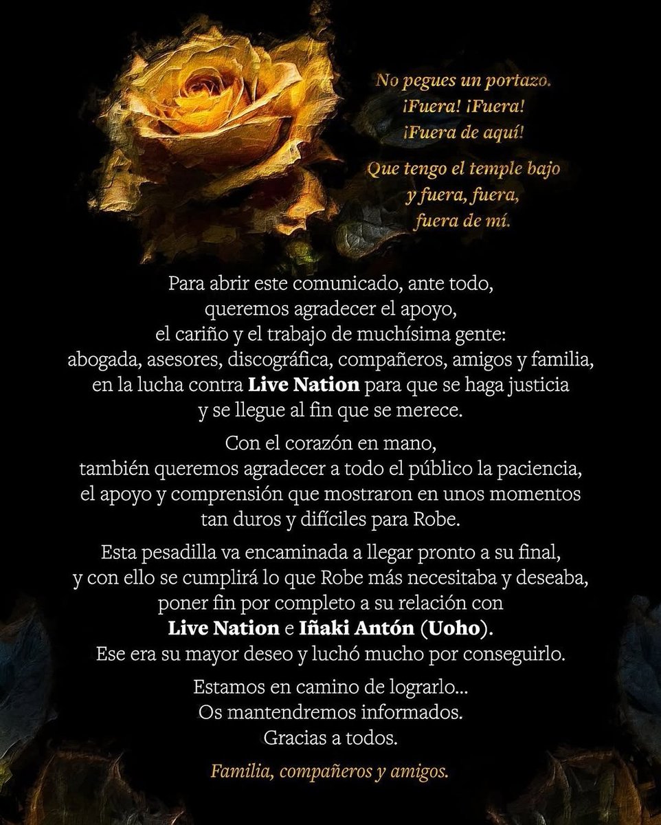 CriadoEnterado's tweet photo. "Lo que Robe más necesitaba y deseaba, poner fin por completo a su relación con Live Nation e Iñaki Antón (Uoho)".

UF. 😅 MUY DURO este comunicado.

Personalmente, me sorprende y mucho una mención a Uoho en esos términos...  y utilizando la cuenta oficial de Extremoduro. https://t.co/OF0nFfpsmt