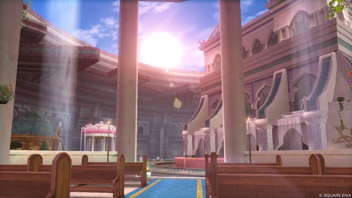 hama_dqx's tweet photo. ソルベルム王国の教会も追記しました📝
柱と滝に囲まれた狭い教会⛪️
教会から見える朝日が非常に美しい。 https://t.co/hpUTi5n0Rs