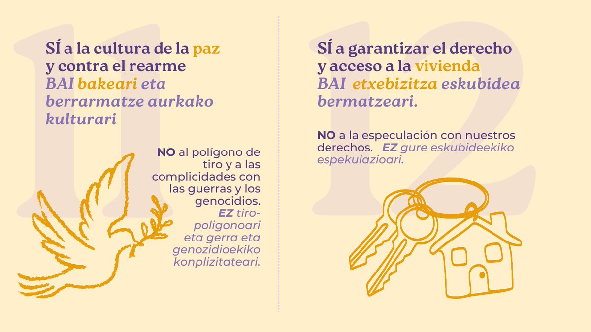 Podemosnavarra's tweet photo. 🕊️Nuestro modelo de Navarra y su pueblos pasa por defender los derechos fundamentales:
✔️ Cultura de paz.
✔️ Vivienda digna frente a la especulación.

🕊️ Nafarroako eta herrietako ereduak oinarrizko eskubideak defendatu behar ditu:
✔️Bakea.
✔️Etxebizitza duina https://t.co/8OWGxczEQJ