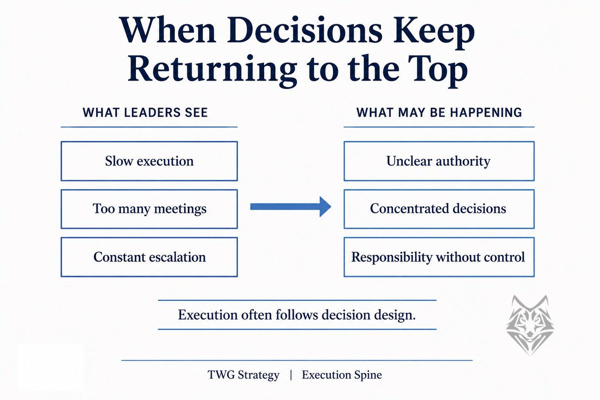 TWGStrategy's tweet photo. Many organizations don’t have an execution problem. They have a decision problem. Work slows when authority stays at the top while responsibility spreads across the business. Real effectiveness comes when authority, accountability, and expectations actually line up. https://t.co/SnxZ4XWf8L