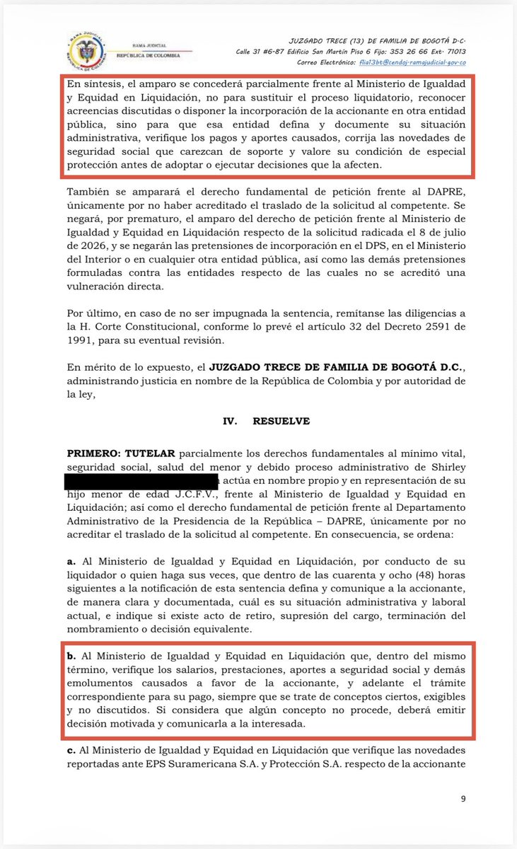 SUNETBogota's tweet photo. Fallo de tutela en favor de trabajadora de @MinIgualdad_Col ORDENA a la entidad comunicar clara y documentada la situación administrativa y verificar salarios, prestaciones y aportes a seguridad social.

El silencio del Gobierno Nacional y del ente liquidador ha sido lamentable https://t.co/ZSYfnuRppe