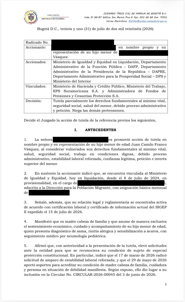SUNETBogota's tweet photo. Fallo de tutela en favor de trabajadora de @MinIgualdad_Col ORDENA a la entidad comunicar clara y documentada la situación administrativa y verificar salarios, prestaciones y aportes a seguridad social.

El silencio del Gobierno Nacional y del ente liquidador ha sido lamentable https://t.co/ZSYfnuRppe