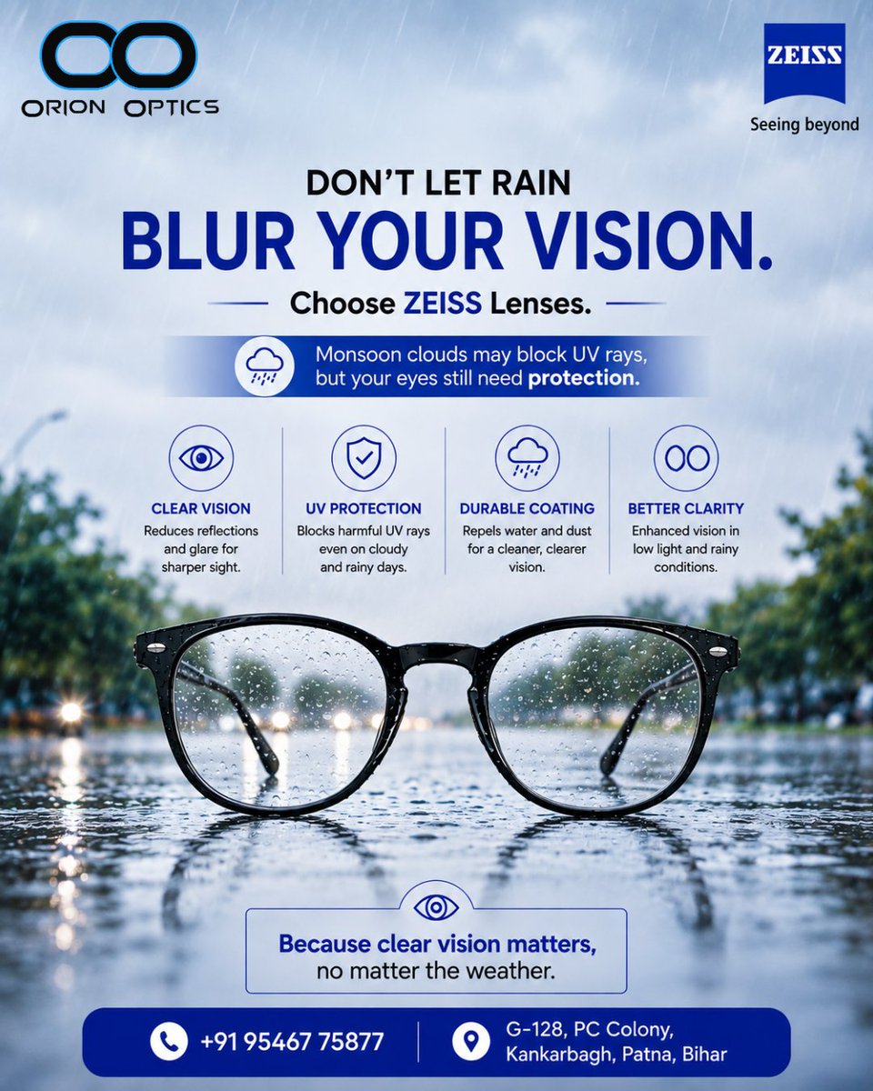 orion_optics's tweet photo. Don’t let monsoon glare rain on your vision - Upgrade to ZEISS lenses for clearer days ahead. 💧👁️💙

Visit Us @orionoptics
For more info - +91 95467 75877
orion16optics@gmail.com

#orionoptics #zeiss #zeisslenses #zeissvision #visioncare #lensprotection #uvprotection #spectacles https://t.co/gdkiLZE2MO