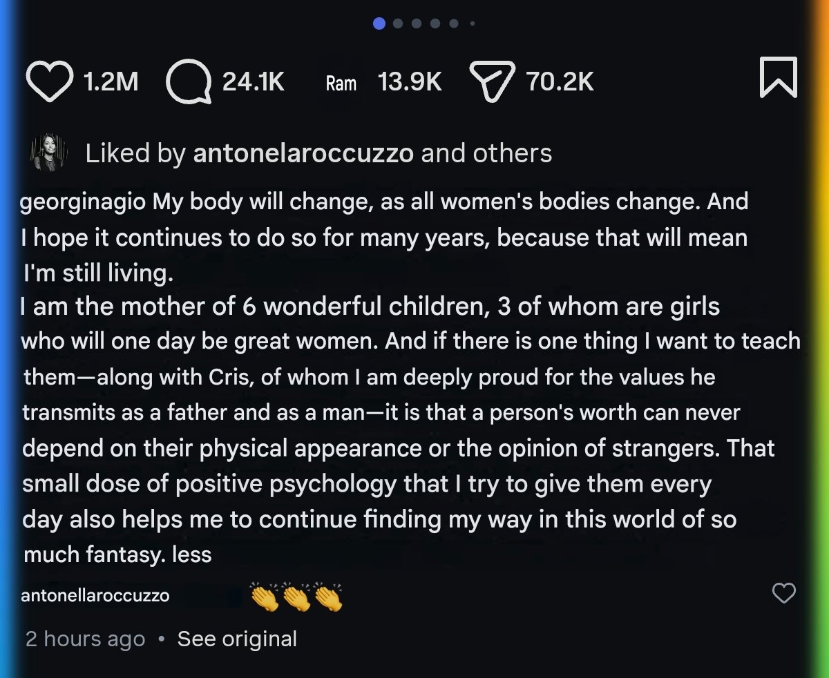 TeamCRonaldo's tweet photo. 🚨 𝗡𝗘𝗪: Georgina Rodríguez (Cristiano Ronaldo's fiancée) responds to critics about her body via IG.

Antonela Roccuzzo (Messi’s wife) commented on the post to support her. 👏 https://t.co/4FvgRptGPL