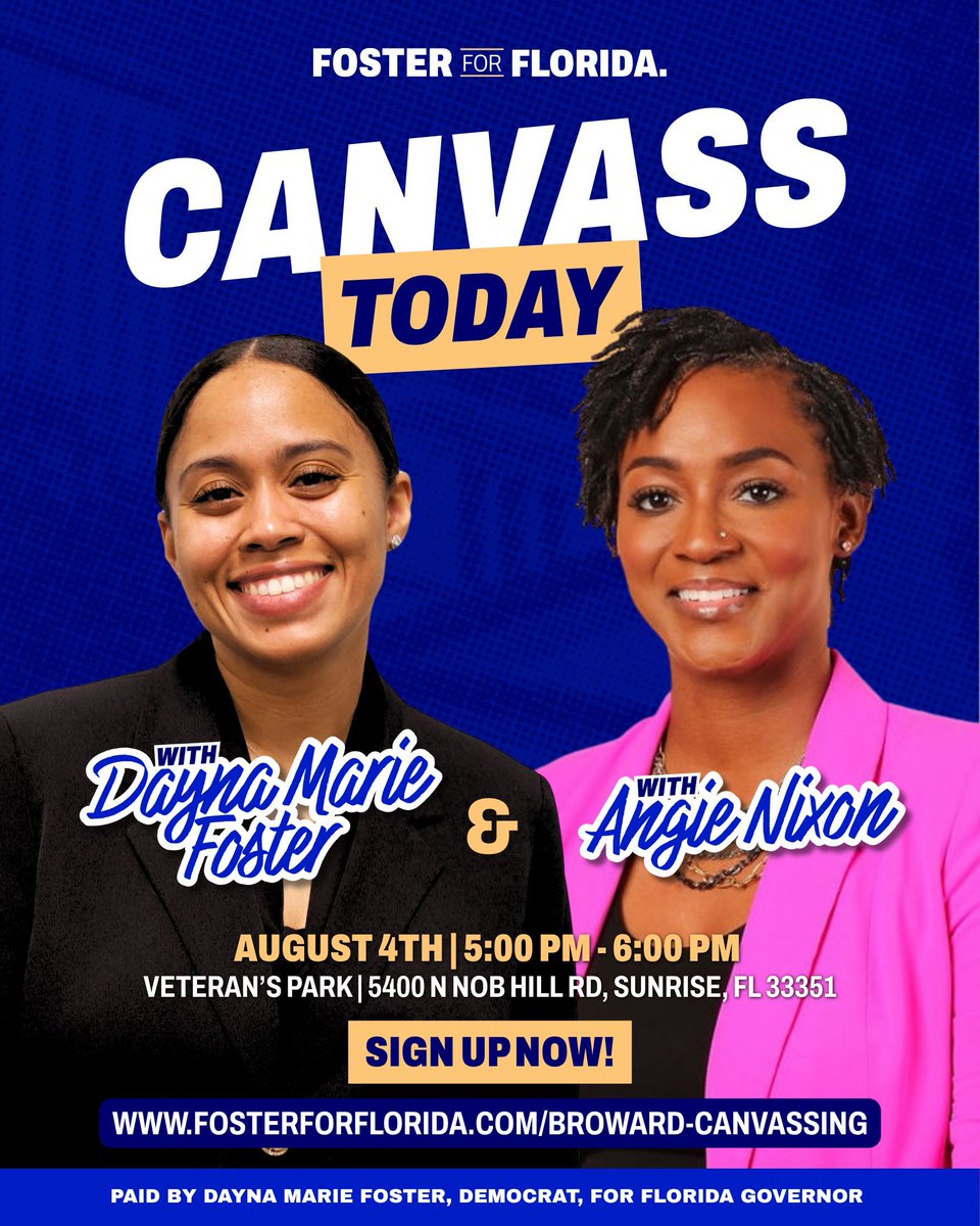 foster4florida's tweet photo. This evening, join Dayna Marie Foster and Angie Nixon as we canvass in Sunrise! 🚪 Register now using the link in our bio. 📲

#FosterForFlorida #DaynaMarieFoster #FloridaGovernor #Canvassing #BlueFlame🔵🔥 https://t.co/XMF20kfHKm