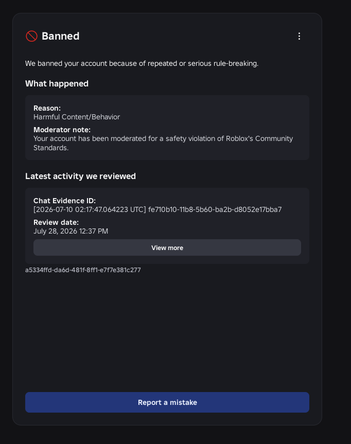 Gabriel66765664's tweet photo. @DavidBaszucki @Roblox @Roblox_RTC Today is the 5th business day since I submitted my appeal. My almost 8-year-old account is still terminated, and I still don't know what message led to it. I genuinely believe this was a mistake. Please, review my case. https://t.co/T2WWqkbns9