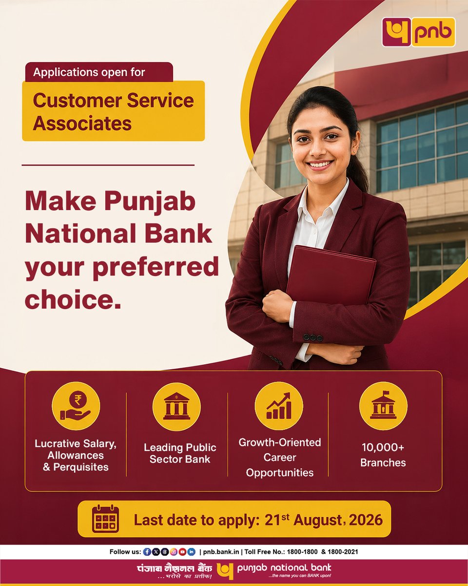 pnbindia's tweet photo. Your dream banking career starts here. Begin your journey with of one of India's most respected financial institutions.

#PNB #Recruitment #Banking #Careers #PunjabNationalBank https://t.co/vAC2e76tXG
