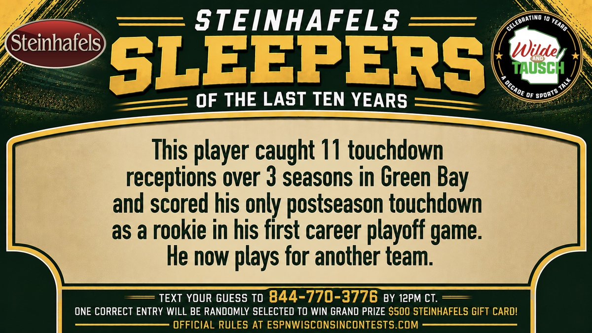 WildeAndTausch's tweet photo. Another chance to win a $500 @Steinhafels Gift Card as part of the Wilde and Tausch 10th Anniversary celebration! 🎉

Can YOU identify this Steinhafels Sleeper of the Last Ten Years? 🧀

📱 TEXT your guess to 844-770-3776 by 12pm CT for your chance to win!

@ESPNMilwaukee | @ESPNbd | @ESPNMadison