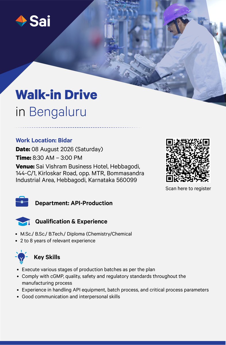 SaiLifeSciences's tweet photo. Sai Life Sciences, one of Indiaβs leading CRDMO, will be conducting βWalk-in interviewsβ on August 8, 2026, for API production roles. The interviews will be conducted at Sai Vishram Business Hotel, Hebbagodi, Karnataka.
Work Location: Bidar, Karnataka.
#sailifesciences https://t.co/ZgLtx7kmto