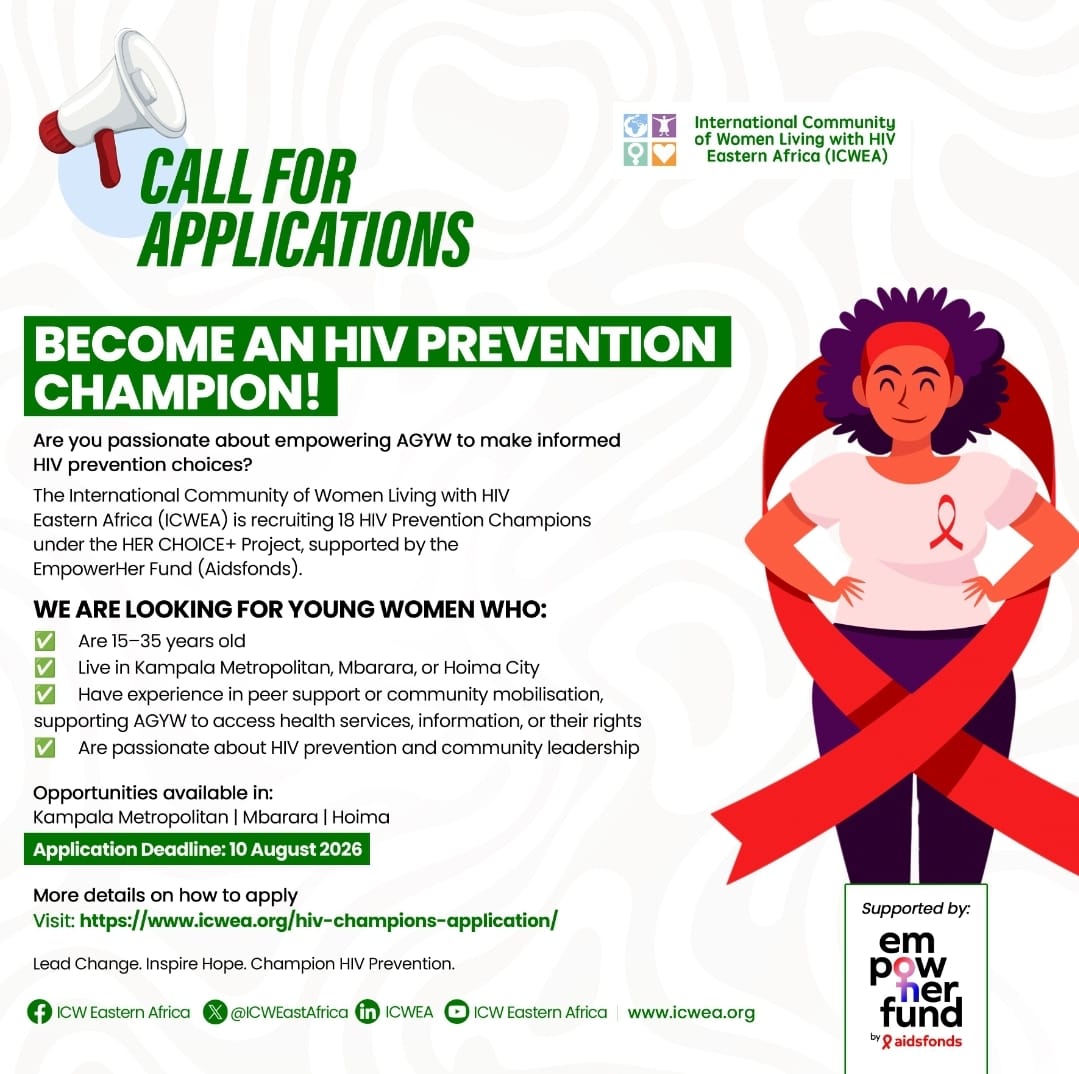 ICWEastAfrica's tweet photo. Call for Applications!
We are recruiting 18 #HIVPreventionChampions from Kampala Metropolitan, Mbarara, & Hoima to empower AGYW with information, choice, & access to HIV prevention.
For more details π https://t.co/S5q4Wup3UD
Cc: @Aidsfonds @apha_sa
#HERChoice+
#EmpowHER https://t.co/H46yEpSj8T