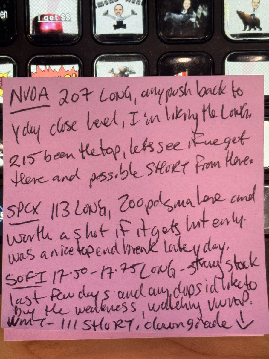 tradertvshawn's tweet photo. Daily #Stickynote - August 4, 2026 ππ₯
Overall feel: Looking for longs on dips in key names, with a selective short elsewhere.
$NVDA 207 LONG π β any push back to yday close level, Iβm liking the longs. 215 been the top, letβs see if we get here and possible SHORT from here.
$SPCX 113 LONG πͺ β 200 pd sma here and worth a shot if it gets hit early. Was a nice top end break late yday.
$SOFI 17.50-17.75 LONG β‘ β strong stock last few days and any dips Iβd like to buy the weakness, watching VWAP.
$WMT 111 SHORT π β downgraded this AM and also a nice top level to short from yday. β
@tradertvlive @ttvlresearch
#DayTrading #Stocks #Trading #Options #SPX #NASDAQ #StockMarket #NVDA