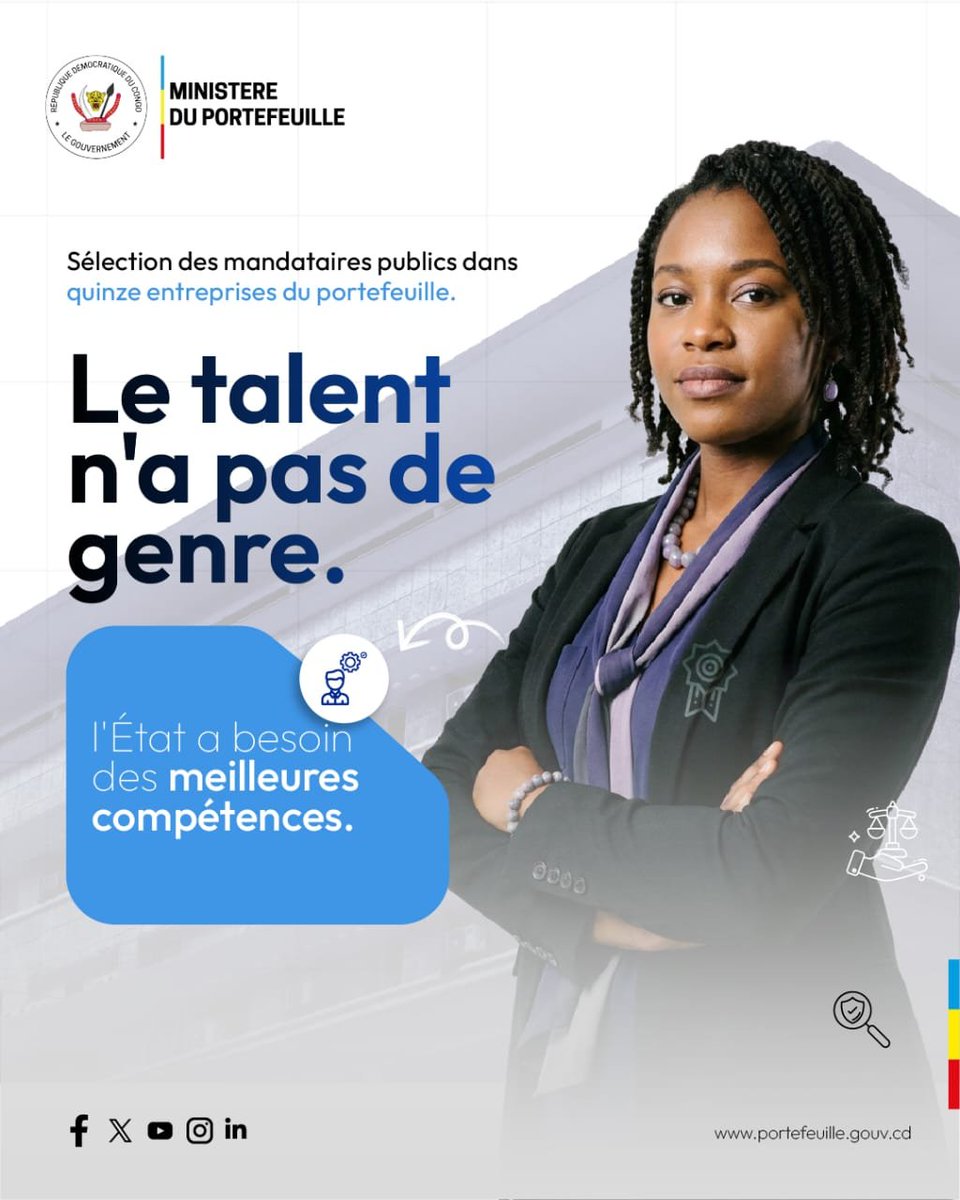 portefeuille_cd's tweet photo. #RDC | 04.08.26

Le talent n'a pas de genre. L'État a besoin des meilleures compétences.

À l'occasion du lancement du processus compétitif de sélection des mandataires publics, les femmes qui répondent aux critères de sélection sont invitées à saisir pleinement cette opportunité de servir la Nation.

Parce qu'une gouvernance performante se construit aussi grâce à la représentativité, à l'égalité des chances et à la pleine valorisation des compétences féminines.

📌 Déposez votre candidature sur le portail : https://t.co/gICNG1hl7h

#MandatairesPublics #Gouvernance #LeadershipFéminin #ÉgalitéDesChances #PortefeuilleRDC