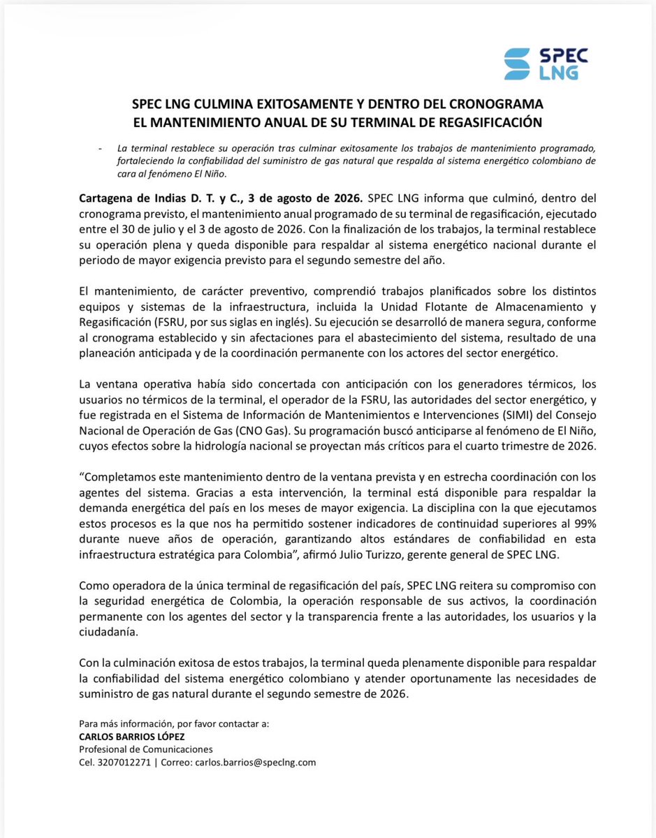 luzstellamurgas's tweet photo. ⚡️ Desde ayer a las 8 pm la terminal de SPEC LNG volvió a regasificar de manera estable tras su mantenimiento preventivo! 

👏 El sector industrial redujo voluntariamente consumo, salió a mantenimiento y/o usó combustibles alternativos, para garantizar que el gas llegara a las plantas térmicas! @ANDI_Colombia @asoenergia. Por su parte, @ECOPETROL_SA aumentó oferta temporal. Y gracias a la articulación de @MinEnergiaCo, @XM_SA_ESP y todos los agentes de la cadena, se evitó un apagón y se garantizó confiabilidad! 

📌 Dato clave: El mantenimiento anual de SPEC se anticipó este año por el Fenómeno de El Niño, que se intensificará a finales de 2026 e inicios de 2027, para asegurar respaldo en el momento más crítico.