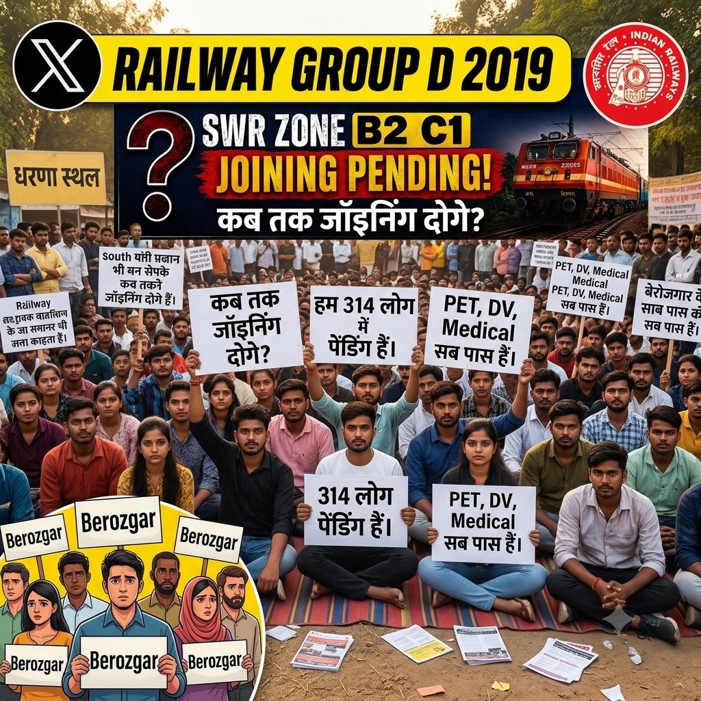 Maxmeena0008's tweet photo. 2019 Railway Group D (SWR Zone) के अभ्यर्थियों का इंतज़ार आखिर कब खत्म होगा? 
Joining अभी तक Pending है और उम्मीदवार जवाब का इंतज़ार कर रहे हैं।
उम्मीद है जल्द स्पष्ट अपडेट मिलेगा।
@narendramodi
@AshwiniVaishnaw
@VSOMANNA_BJP
@RailMinIndia 
#RRC_GROUPD_2019_Joining_Pending https://t.co/RTmWlFEO2q
