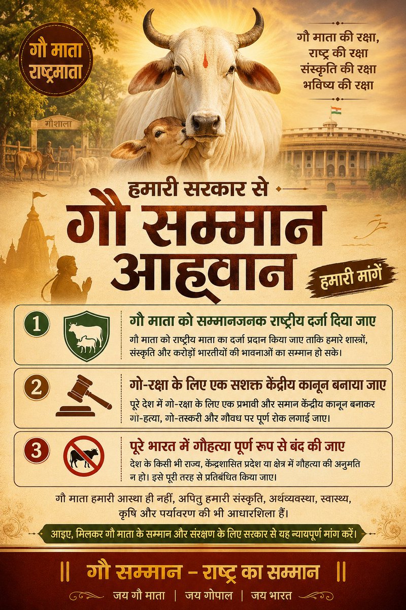 Surshyam_gau's tweet photo. माननीय श्री @narendramodi @PMOIndia
गौ माता की दयनीय स्थिति अत्यंत चिंताजनक है। आपसे विनम्र आग्रह है कि गौ माता को राष्ट्रमाता का सम्मानजनक दर्जा प्रदान करें तथा गो-रक्षा के लिए सख्त केंद्रीय कानून बनाकर उनका प्रभावी क्रियान्वयन सुनिश्चित करें।
 #gau_samman #गोमाता_राष्ट्रमाता https://t.co/pcG5TEN02I
