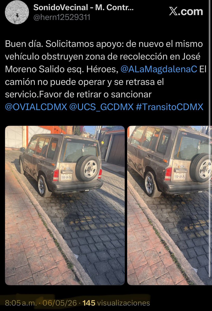 hern12529311's tweet photo. Buen día. Solicitamos apoyo: de nuevo el mismo vehículo obstruyen zona de recolección en José Moreno Salido esq. Héroes, @ALaMagdalenaC El camión no puede operar y se retrasa el servicio.Favor de retirar o sancionar @OVIALCDMX @UCS_GCDMX #TransitoGCDMX https://t.co/ink2eHjsSP