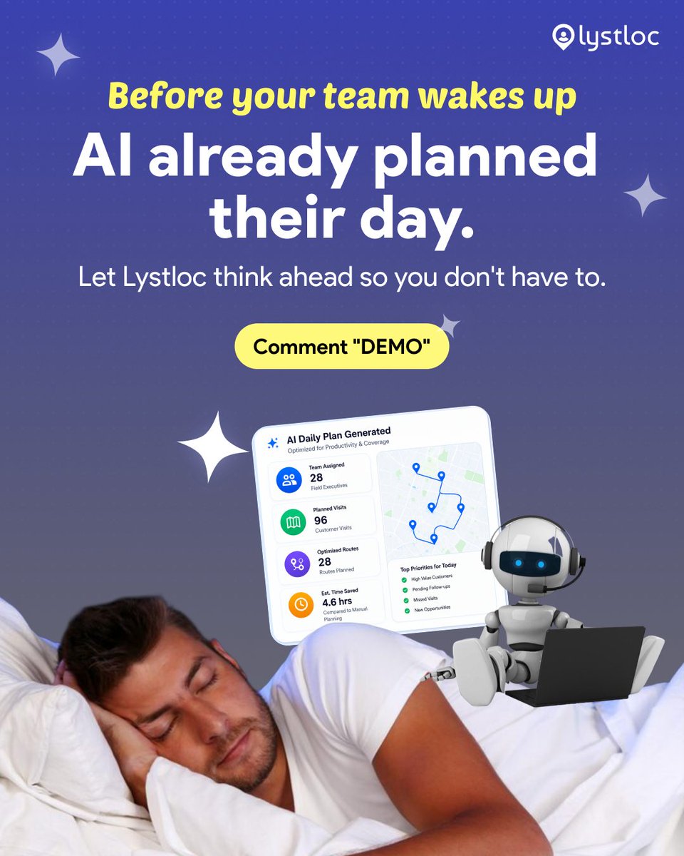lystloc's tweet photo. Your field team's day planned before they wake up.
Lystloc's AI builds smart routes & schedules automatically - no calls, no confusion.
15,000+ businesses already let AI do the thinking.
👇 Comment "DEMO" to see it live!
🔗 https://t.co/sdskoRhefv
#Lystloc #AIpowered https://t.co/PaG4Vo9Z95