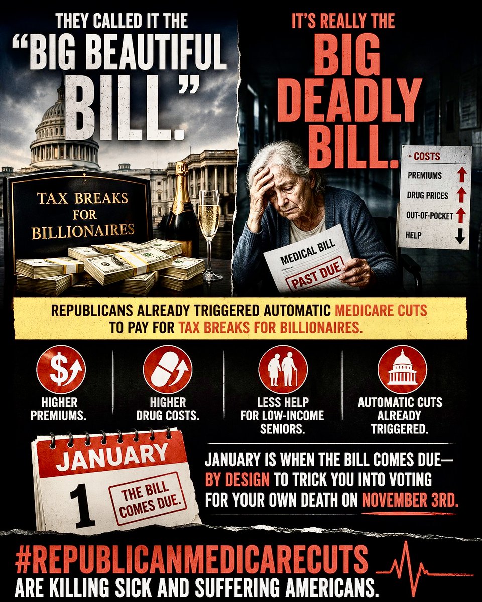 mjfree's tweet photo. Republicans voted for massive billionaire tax cuts paid for by gutting Medicare for millions of struggling Americans.

Working families absorb the consequences.
Wealthy households receive tax breaks.
How fucked up is that?

Did you vote for deadly #RepublicanMedicareCuts? https://t.co/7lnSc9mrdY