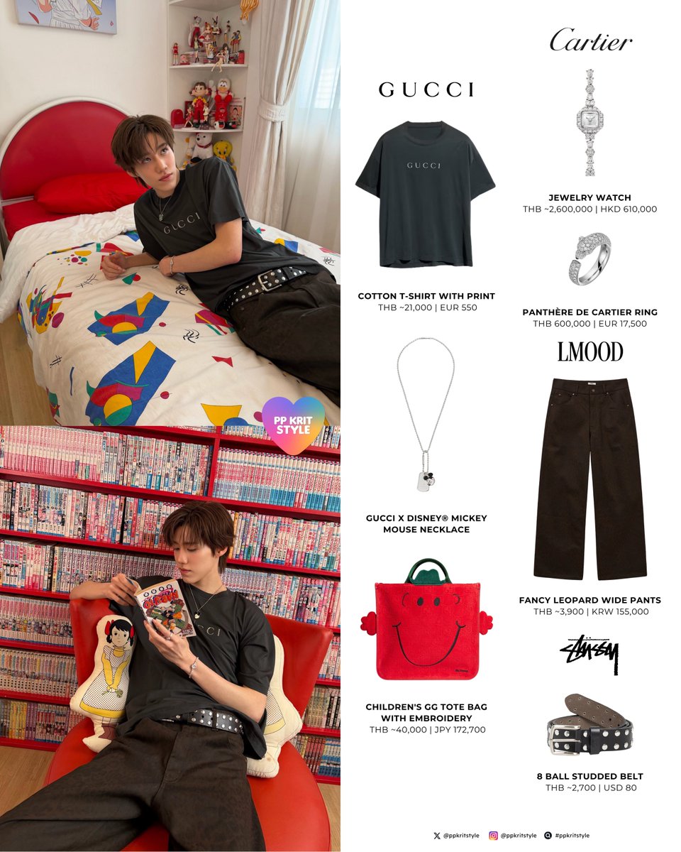 ppkritstyle's tweet photo. 〰️ @ppkritt 🍭 Instagram update

#Cartier Jewelry Watch, Panthère de Cartier Ring
#Gucci Children’s GG Tote Bag With Embroidery, Cotton T-Shirt, Disney Mickey Mouse Necklace
#LMOOD Fancy Leopard Wide Pants
#Stüssy 8 Ball Studded Belt

#PPKritt #PPKritEntertainment
#ppkritstyle https://t.co/vlIUw5HV3B