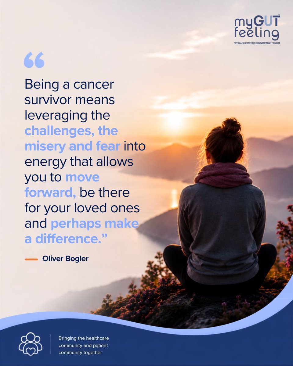 mygutfeelingca's tweet photo. "Being a cancer survivor means leveraging the challenges, the misery and fear into energy that allows you to move forward, be there for your loved ones and perhaps make a difference."
— Oliver Bogler

#StomachCancerAwareness #StomachCancerEducation #StomachCancerFoundationofCanada #MyGutFeeling #MGF