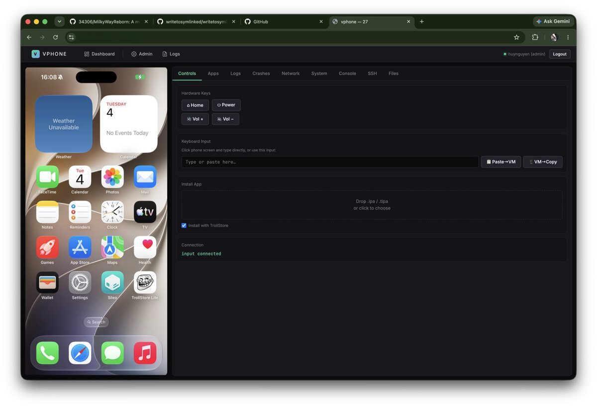Little_34306's tweet photo. This vphone-web will open source soon. Allow you to access iOS for pentest app/debug over the web! Based on vphone-cli by @Lakr233 https://t.co/zCQDSX0aX3