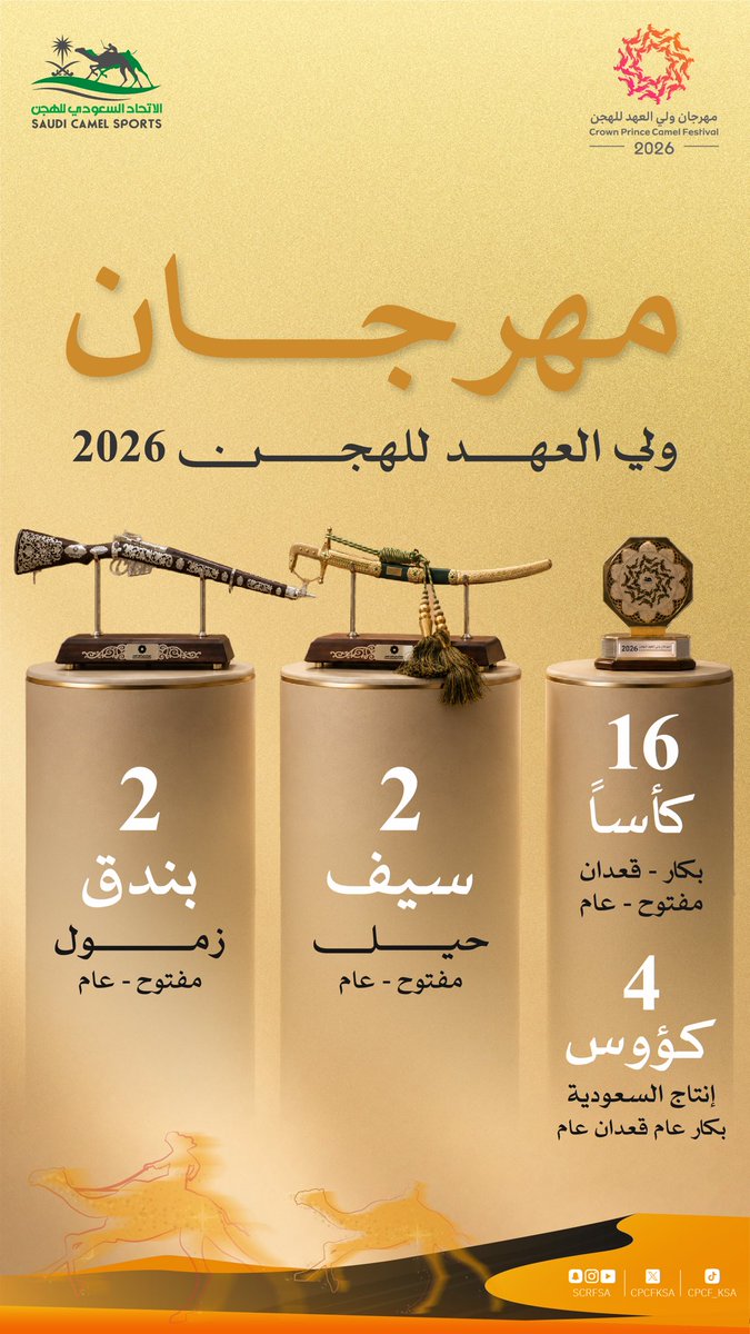 cpcfksa's tweet photo. قريباً.. 🏆
جوائز تُمنح للأبطال، وتخلّد الإنجاز 

#مهرجان_ولي_العهد_للهجن 2026 🐪 https://t.co/EFeS57Owlr