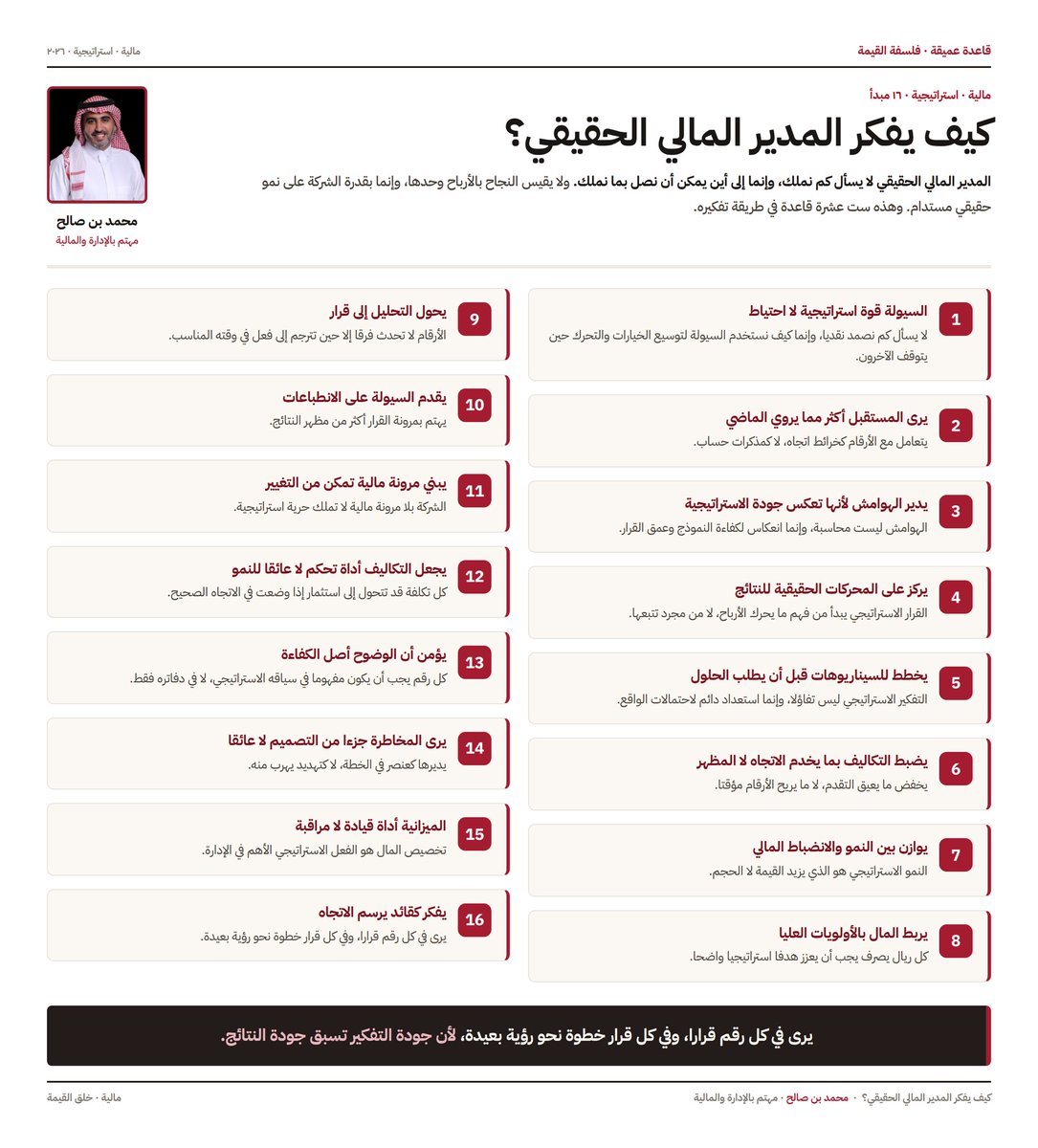AlalawiAlZhrani's tweet photo. 🔴معظم الشركات لا تحتاج مديرا ماليا أفضل… وإنما طريقة تفكير أفضل….و أعمق…

الفرق لا تصنعه التقارير المالية….وكثرتها…
الفرق تصنعه القرارات التي تُبنى عليها.

هذه 16 قاعدة تلخص كيف يجب أن يفكر المدير المالي الحقيقي…. https://t.co/MUj7ZsLGnp