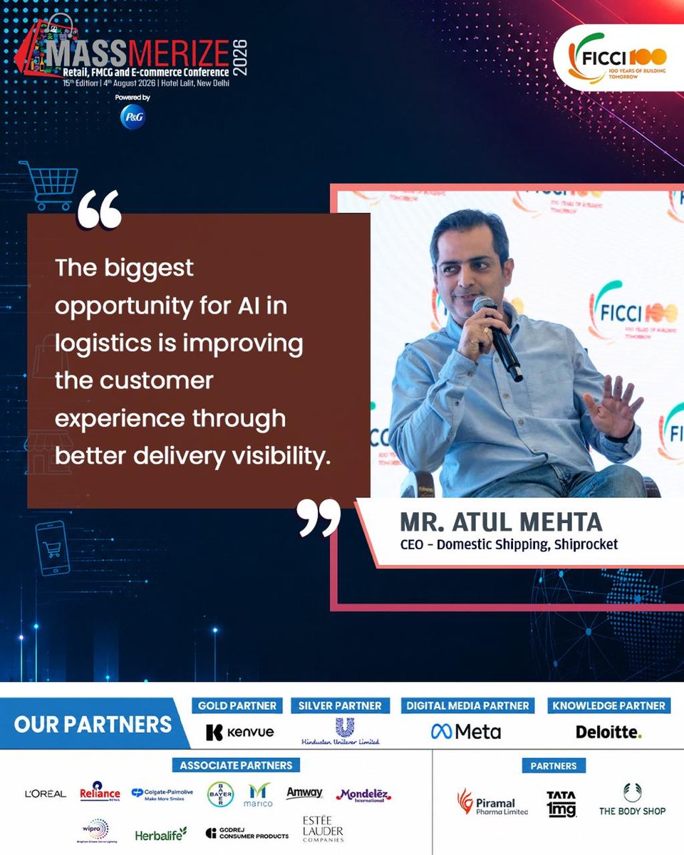 massmerize26's tweet photo. “The biggest opportunity for AI in logistics is improving the customer experience through better delivery visibility.”

Mr. Atul Mehta, CEO – Domestic Shipping, @ShiprocketIndia 

#Massmerize2026 #Retail #FMCG #ECommerce https://t.co/AaEXVSTnxu