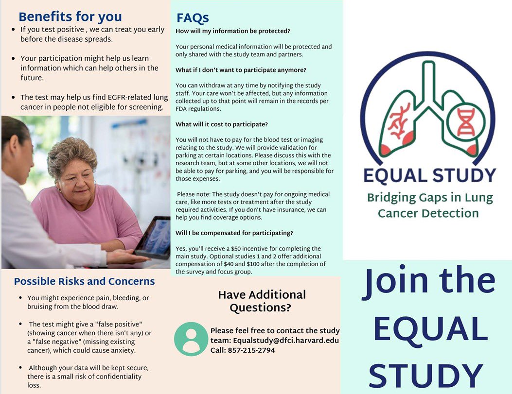 Florez_Lab's tweet photo. 📢 We’re still recruiting for the EQUAL Study!

Could a blood test help detect #EGFRpositive #lung cancer earlier in non-tobacco users? 

Learn who may be eligible, what’s involved, participant compensation, FAQs, and more in our brochure.

📖 https://t.co/cUCYznbHJX https://t.co/5nORzLngQB