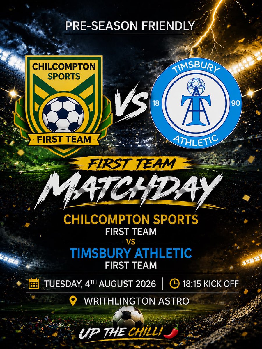ChiliSportsFC's tweet photo. ⚽ PRE-SEASON CONTINUES!
We're back in action this weekend as we take on Timsbury Athletic FC in another important pre-season test.
📅 Tuesday 4th August
🕒 6:15 PM KO
📍 Writhlington Sports Centre, BA3 3NQ
Come along, get behind the boys 💙💛💙
#COYC #PreSeason #UpTheChilli https://t.co/vVjY78p81i