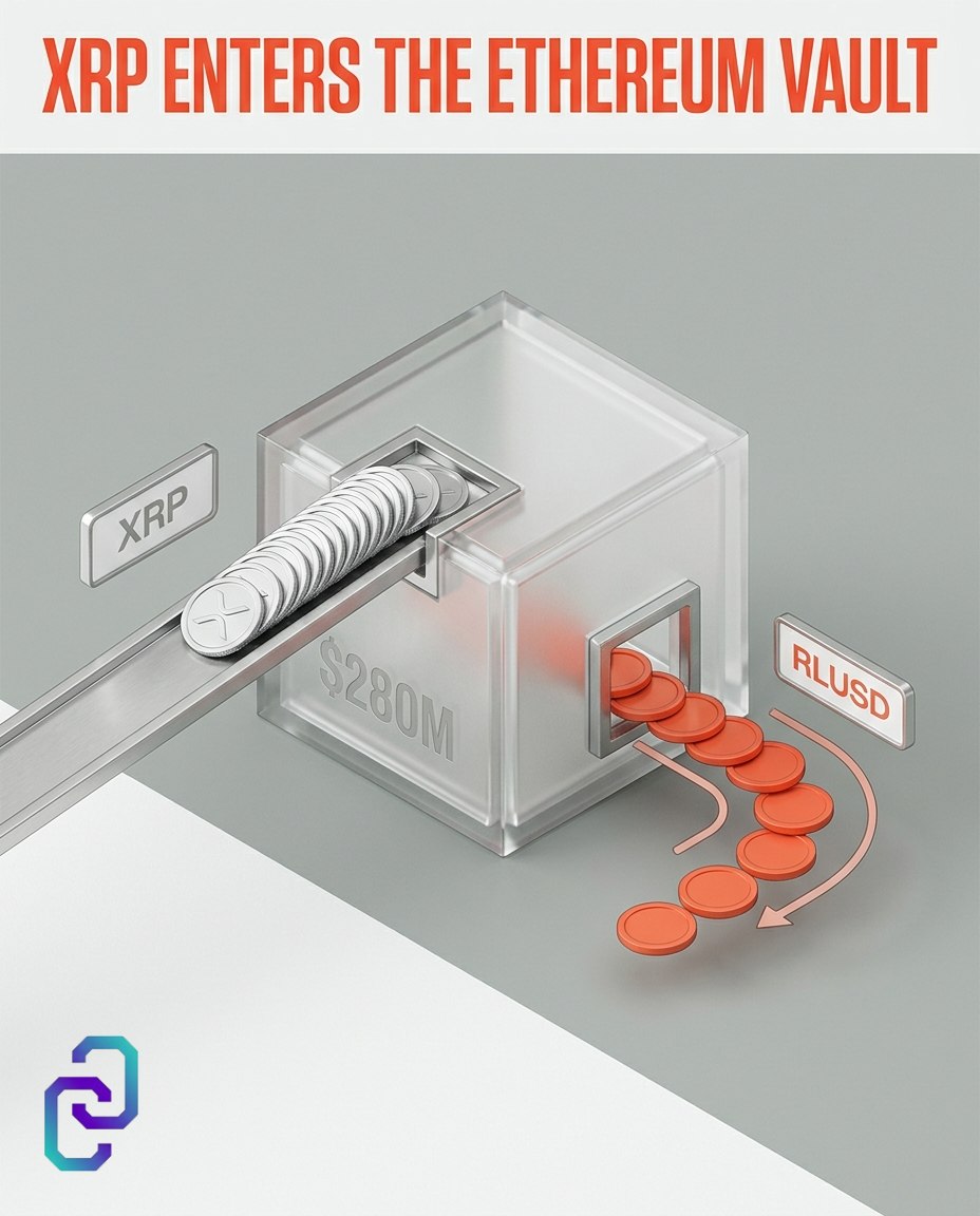 ChainReporters's tweet photo. XRP holders can now borrow RLUSD against their coins through a $280 million Ethereum vault, without selling the underlying asset. #ChainReporter #XRP #RLUSD #Ethereum #DeFi https://t.co/VOHX4u7pXs