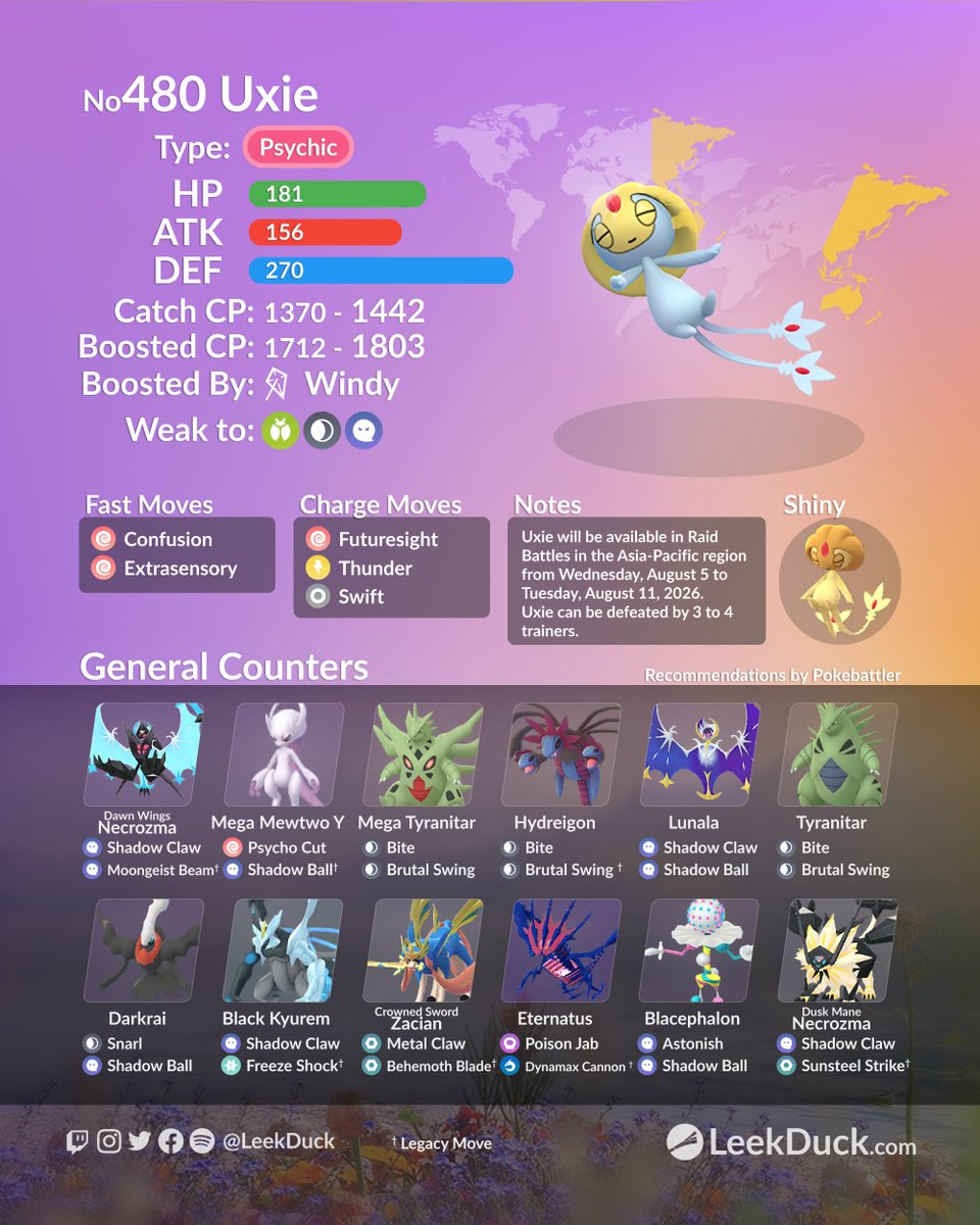 LeekDuck's tweet photo. Uxie, Mesprit, and Azelf return to 5-star raid battles from Wednesday, August 5, to Tuesday, August 11, 2026, at 10 am local time.

Join and host global raids with Raid NOW: 
🥊https://t.co/v6GqeqWsRl https://t.co/OooMNLX722