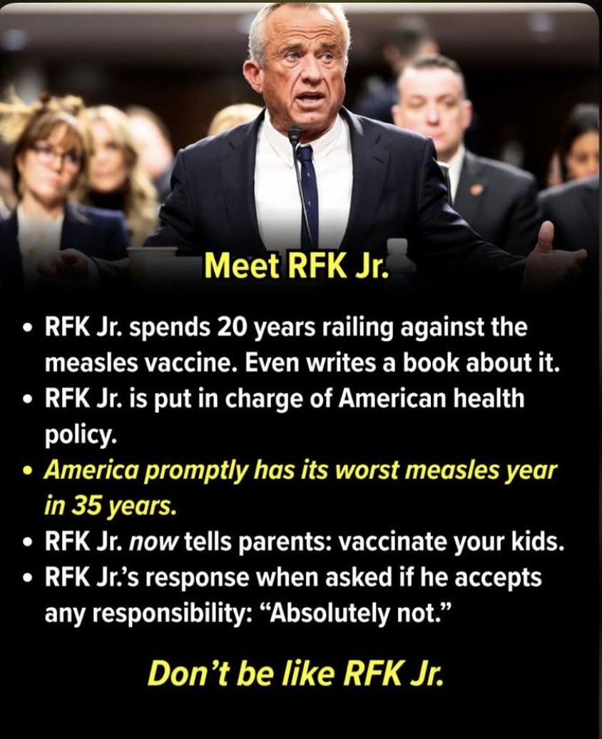 dokhollidays's tweet photo. Der grösste Impfgegner der USA,Gesundheitsminister RFK Jr, rät nun plötzlich Eltern, ihre Kinder gegen Masern impfen zu lassen.

Jetzt, wo die USA den schlimmsten Masern Ausbruch in 35 Jahren durchmachen.

Gefragt, ob er Verantwortung für die Situation übernehme:

„Absolut nicht“ https://t.co/vZVOGM8Xfq