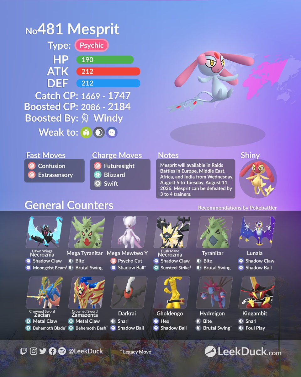 LeekDuck's tweet photo. Uxie, Mesprit, and Azelf return to 5-star raid battles from Wednesday, August 5, to Tuesday, August 11, 2026, at 10 am local time.

Join and host global raids with Raid NOW: 
🥊https://t.co/v6GqeqWsRl https://t.co/OooMNLX722